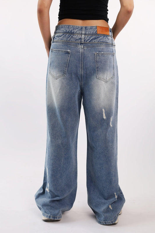 VG Vitagrazia Asymmetric Crossover Waist Relaxed Jeans – 90s Aesthetic Baggy Denim with Fold - Over Detail - VG VITAGRAZIA